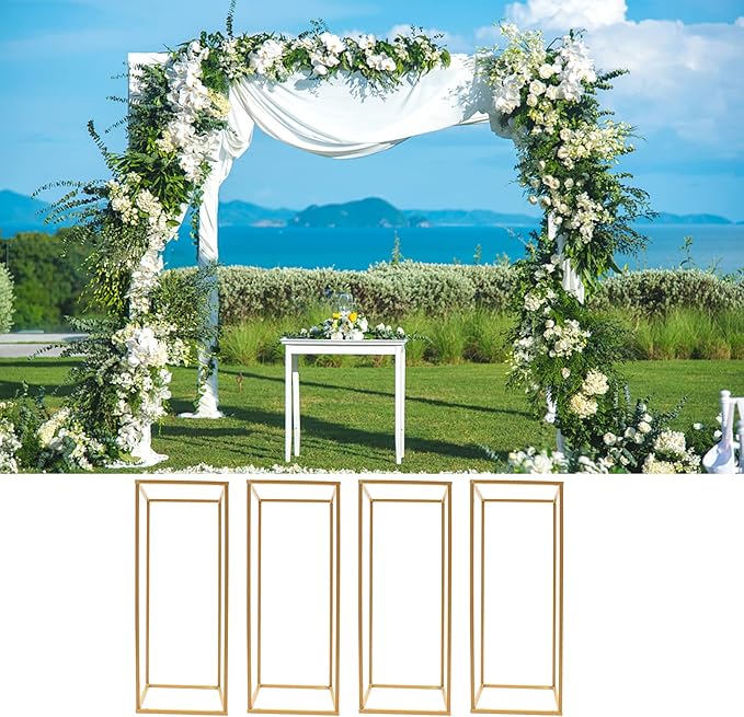 4PC 23.6" Flower Stand for Wedding Metal Cylinder Stands for Party Rectangular Gold Centerpieces Flower Vase Gold Pedestal Columns for Weddings Indoor Outdoor Flower Plant Stand Decoration