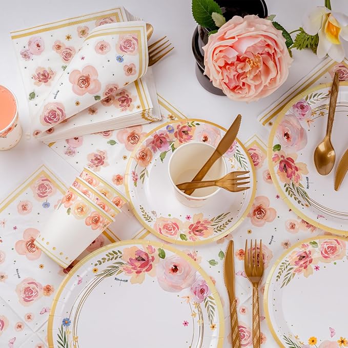 353PCS Floral Paper Plates and Napkins Party Supplies - Serves 50 Floral Decorations Include Plates, Cups, Napkins, Cutlery