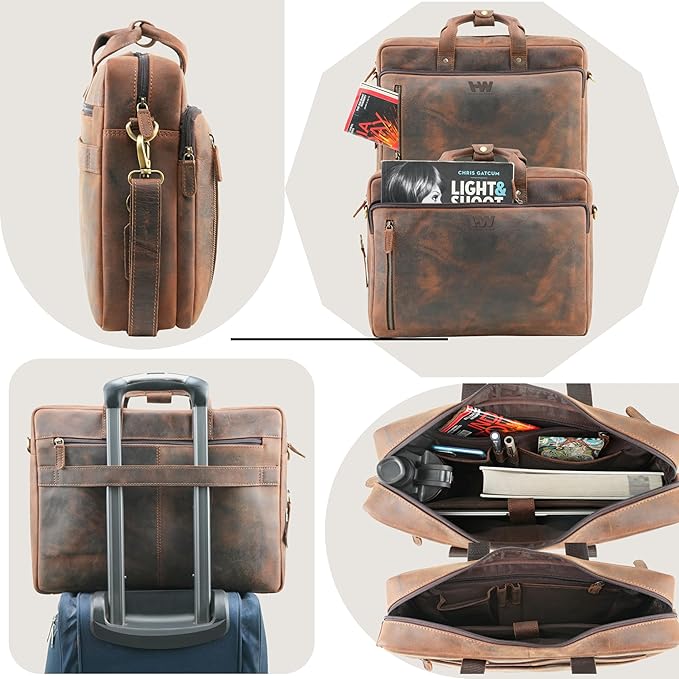 Handmade World Leather Briefcase For Men 'The Contemporary' Fits 17 Inch Laptop Computer Messenger Crossbody Shoulder Bag For Business Travel Office Work