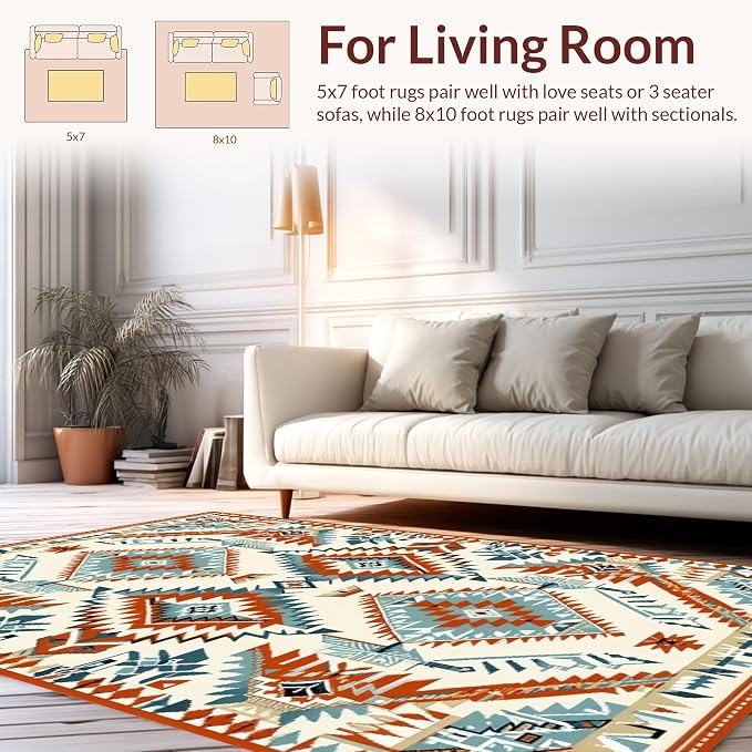 Flatwoven High Traffic Area Rug 4x6, Southwestern Geo Diamond Tribal Weave, Non Slip, Stain Resistant, Washable Area Rugs for Living Room, Bedroom (Beige, 4x6)