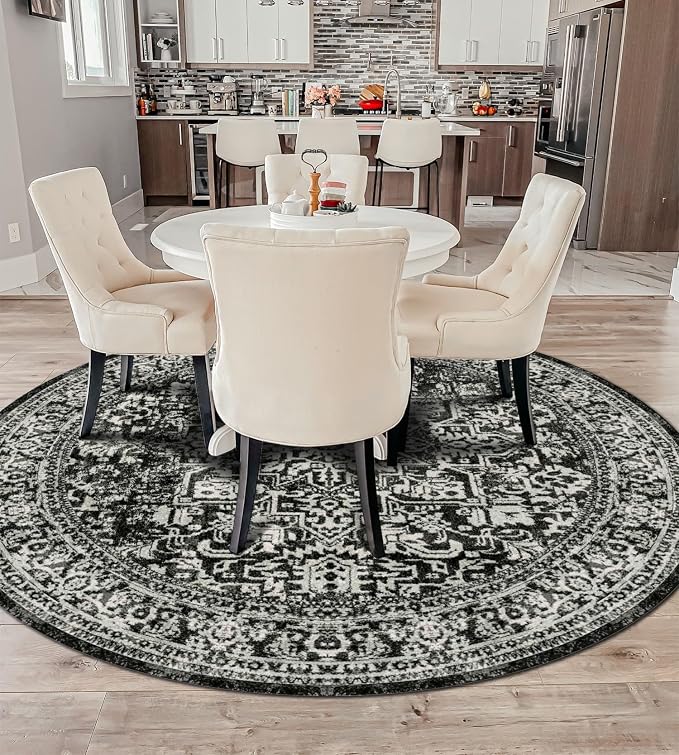 vivorug Round Rug 4ft Vintage-Inspired Round Area Rug Non-Slip Indoor Carpet for Living Room Bedroom Entryway, Stain Resistant Home Decor Circle Rug, Black and White