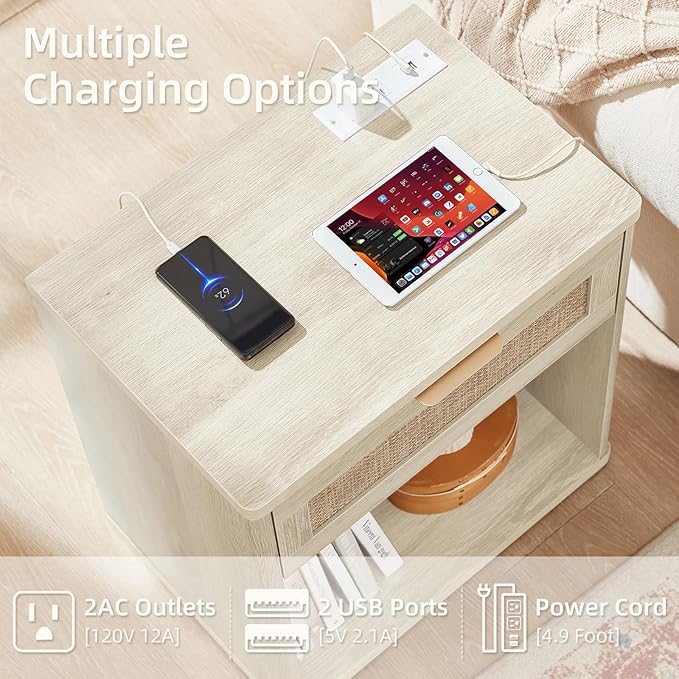 LEYAOYAO Rattan Nightstands Set of 2 with Charging Station, Grey White Night Stand with Drawer, 23" Wide Boho Bedside Table with Storage Shelf, Bed Side End Tables for Bedroom, Living Room, Hallway