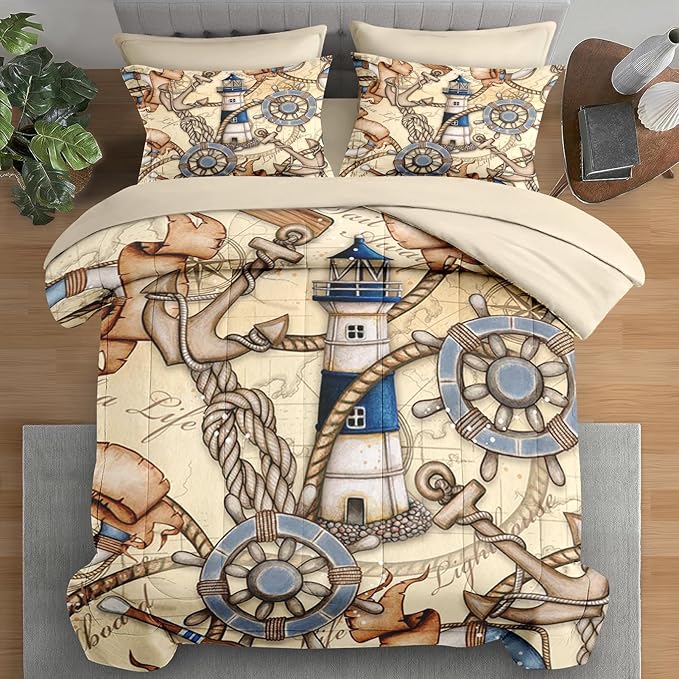 Comforter Set Full Size, Retro Nautical Lighthouse Map 7 Pcs Bedding for Kids and Adults, Vintage Anchor Beige Bed Sheet Sets with Fitted Sheet 2 Pillowcase & 2 Sham for Bedroom Bed Decor
