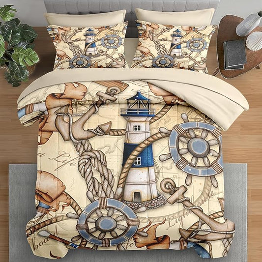Comforter Set Twin Size, Retro Nautical Lighthouse Map 5 Pcs Bedding for Kids and Adults, Vintage Anchor Beige Bed Sheet Sets with Fitted Sheet Pillowcase & Sham for Bedroom Bed Decor