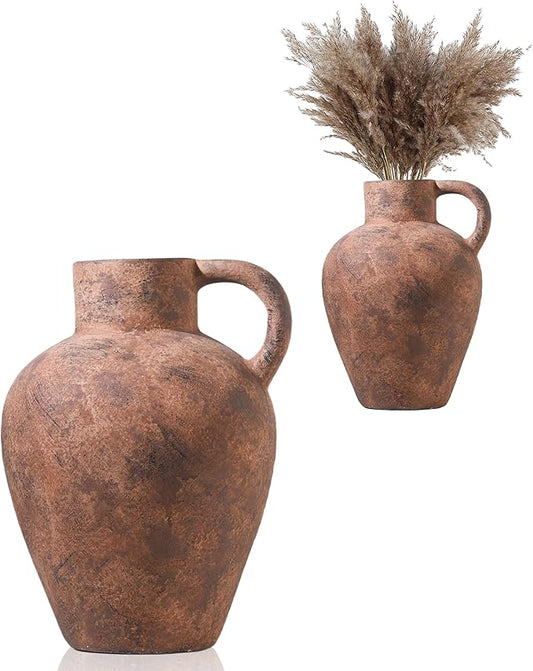 UPWOIGH 12in Tall Vintage Single Handle Terracotta Vase, Rustic Brown Ceramic Pottery Jug with Distressed Black Markings, Mediterranean Farmhouse Table or Mantel Decor, Antique Gift 1Pack