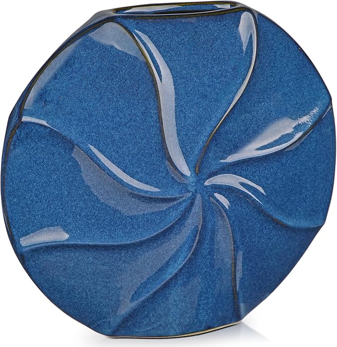 Blue Ceramic Vase for Home Decor – 13" x 11.8" Modern Decorative Vase for Pampas Grass, Artificial Flowers & Dried Bouquets – Elegant Textured Flower Vase for Living Room, Bedroom & Office