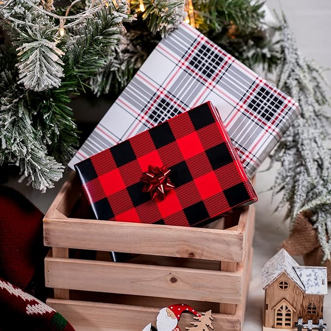 MAYPLUSS Christmas Reversible Wrapping Paper - Mini Roll - 17 Inch X 32.8 Feet - Red Black Buffalo Plaid Patterns (47.3 sq.ft.ttl)