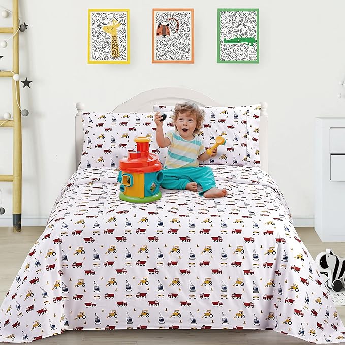 Viviland 3 Pieces Boys White Twin Sheet Set - Soft Microfiber Fitted Flat Sheets & Pillowcase Bed Sheet Set- Red Excavator Construction Tractor Truck Bedding Sets - for Kids & Toddlers