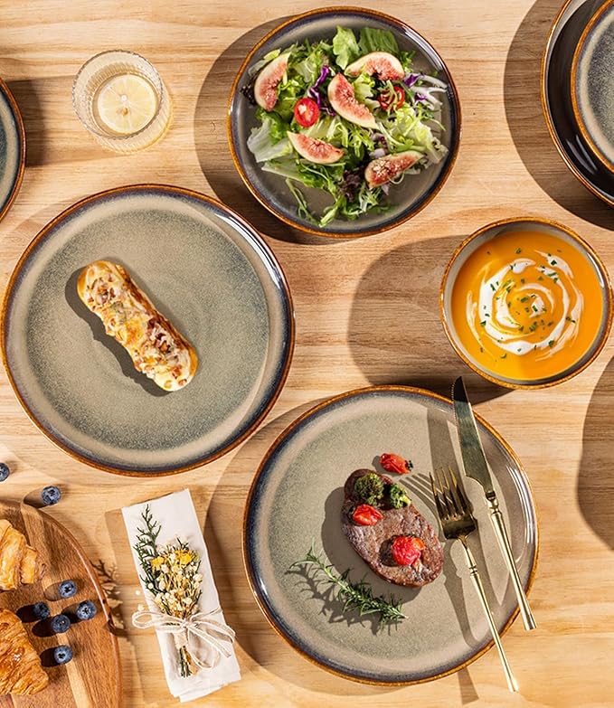 TheTerra Ceramic Dinnerware Sets for 8, 24 Pieces Porcelain Lightweight Plates and Bowls Sets, Scratch Resistant Dish Set, Oven & Microwave & Dishwasher Safe, Coffee Bean