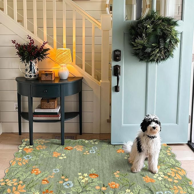 Sage Green Floral Entry Rug - 3x5 Ft Washable Indoor Outdoor Mats for Front Door Non-Slip Porch Rug Non-Slip Boho Throw Rugs for Living Room Bedroom Entryway Kitchen Office Porch Decor