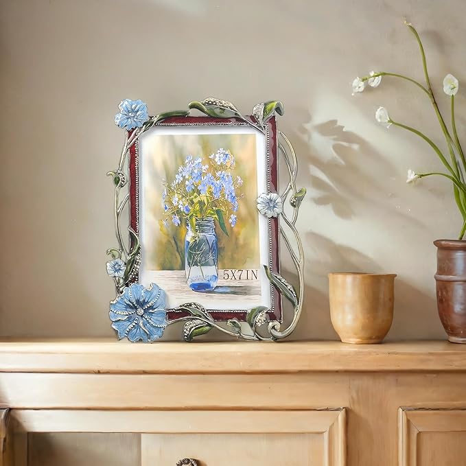 Vintage Floral Picture Frames Luxury Unique Ornate Antique Metal Photo Frame of HD Glass for Tabletop/Wall Display Gifts for Women (Blue Flowers, 5X7)