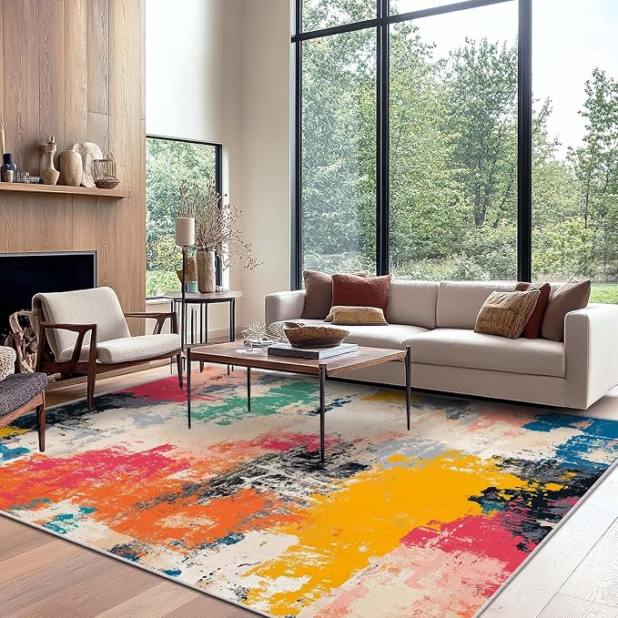 9x12 Colorful Area Rug Modern Abstract Beige Orange Yellow Pink Blue Black White Grey Rug Bedroom Low Pile Thin Large Carpet Living Room Non Slip Dining Room Stain Resistant Office Washable Machine