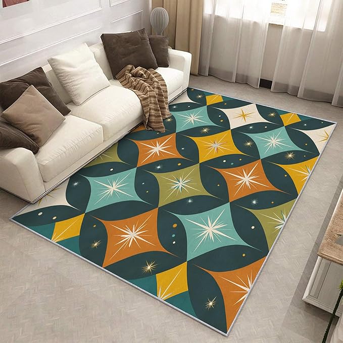 Mid Century Modern Rugs for Bedroom 8x10 ft, MCM Atomic Area Rugs for Living Room, Washable Non Slip Low Pile Large Abstract Geometric Carpet, Home Decor PF-P 107