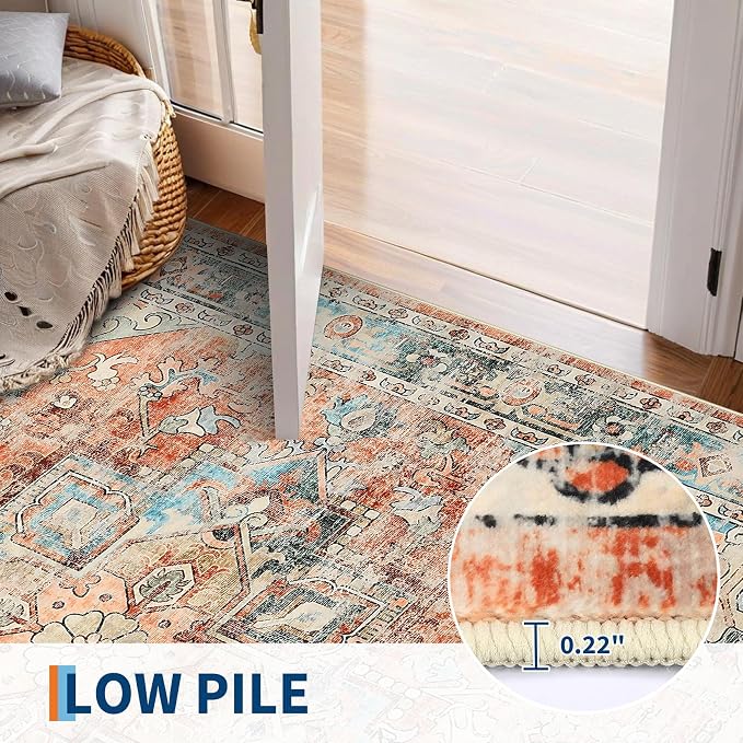 Washable 5x7 Small Area Rug Boho Vintage Medal Print Carpet Non Slip Office Rugs Low Pile Soft Bedroom Carpet Non Shedding Kids Nursery Floor Mats for Kitchen Dining Living Room Brick Red
