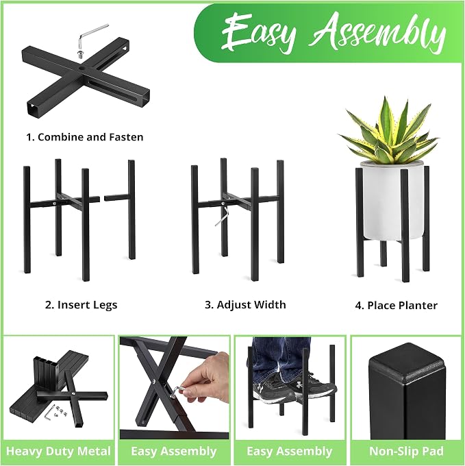 Sorbus Adjustable Metal Plant Stand – Mid Century Style Flower Pot Holder, 10 to 16 Inches Planter Stand for Modern Home Décor, Houseplants – Plant & Pot NOT INCLUDED (Black, 1 Pack)