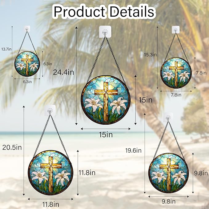 Christian Gifts for Women - Cross Stained Glass Window Hanging Jesus Easter White Lily Flower Sun Catcher Garden Religion Decor Mother's Day Catholic Gift for Men Grandma Mom Her Nana 11.8"