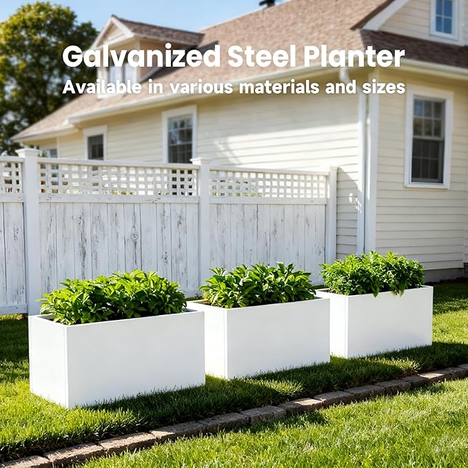 Metal Rectangular Planter White Steel Rectangle Planter Box 36" L x 12" W x 16" H Outdoor Indoor Galvanized Steel Large Planters Modern Commercial Residential for Plants Porch Patio