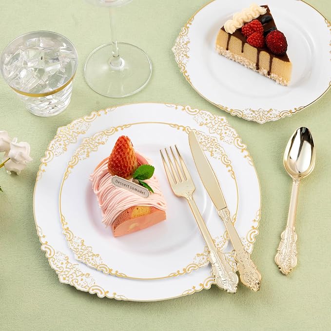 300PCS Gold Plastic Silverware for 100 Guests, Heavy Duty Gold Disposable Utensils Sets, Includes 100 Forks, 100 Spoons, 100 Knives, Elegant Cutlery Perfect for Wedding, Party