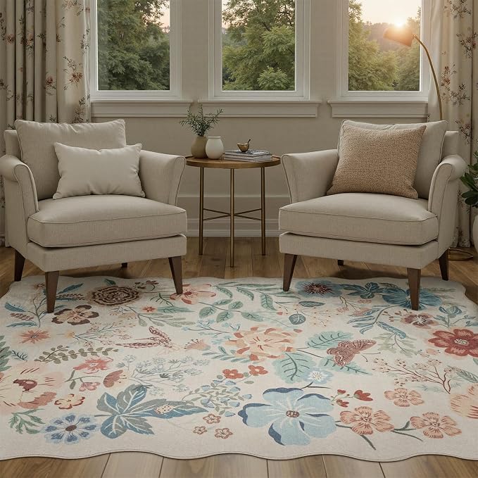DCX Beige Floral Rug 8x10, Washable Beige Rug for Living Room, Kid & Pet Friendly with Rubber Back Non Slip, Soft Low Pile Carpet, Stain Resistant Rug for Bedroom, Nursery, Dining Room