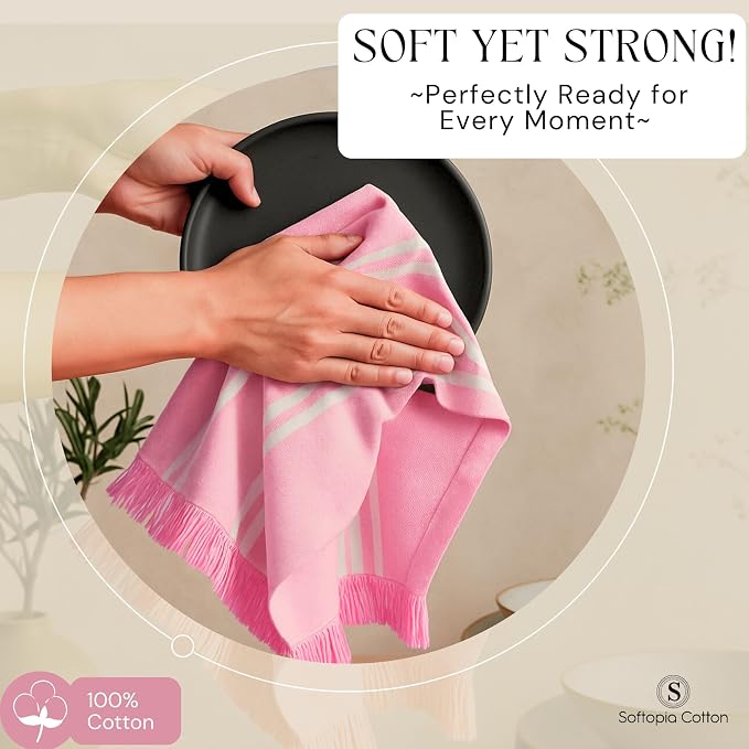 Prewashed Stripe Tea Towels 4 Pack, 16x26 Inches, Dish Cloths for Cooking and Cleaning, Quick Dry Kitchen Rags, Reusable Hand Towels for Drying Dishes and Surfaces - Rose Pink