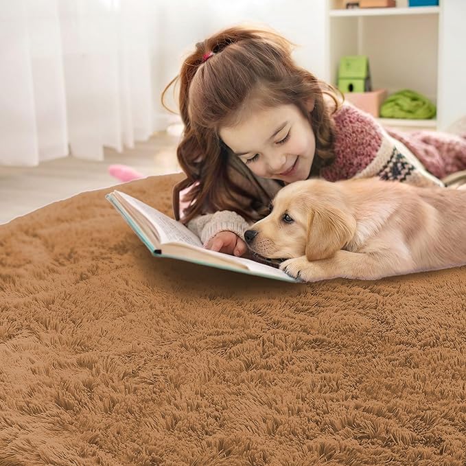 OLANLY Khaki Round Rugs for Bedroom - Machine Washable, 5 ft Circle Area Rugs for Living Room, Soft and Fluffy Shaggy Carpet for Teen Girl and Boys, Nursery Rooms, Dorms, Home Decor Aesthetic