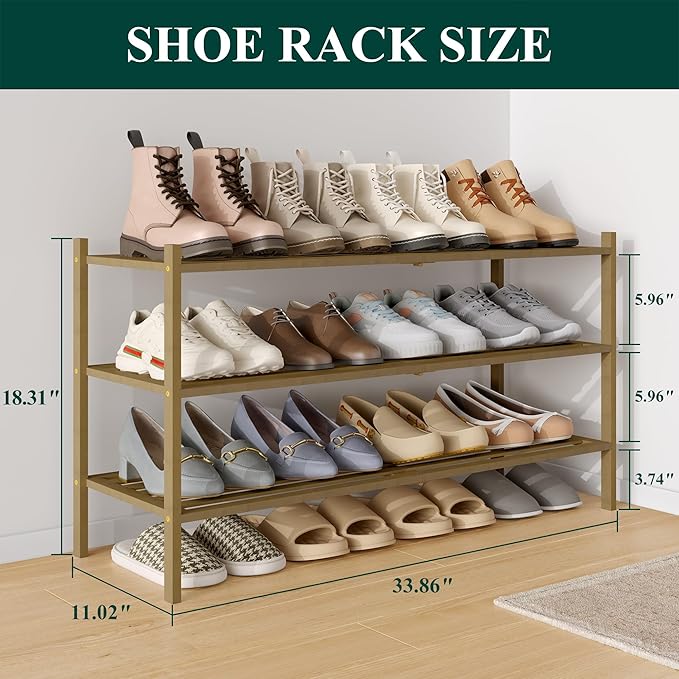 Smiry Long Bamboo Shoe Rack 3-Tier, Stackable Wooden Shoe Organizer for Entryway & Closet, Free Standing Wood Shoe Storage Shelf for Front Door & Small Spaces, Walnut