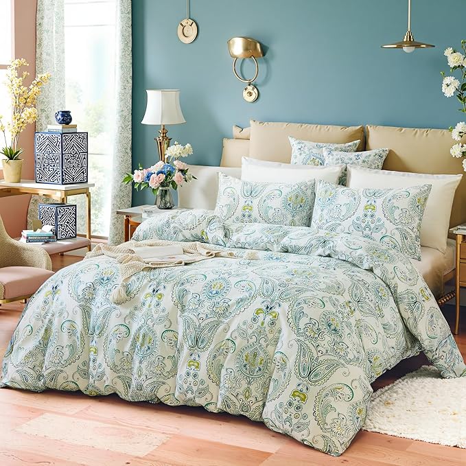100% Cotton Floral Duvet Cover Queen - Green Paisley Comforter Cover 3-PC, Soft & Breathable Bedding Duvet Cover Sets with Zipper Closure & Corner Ties, Retro Duvet Cover Sets