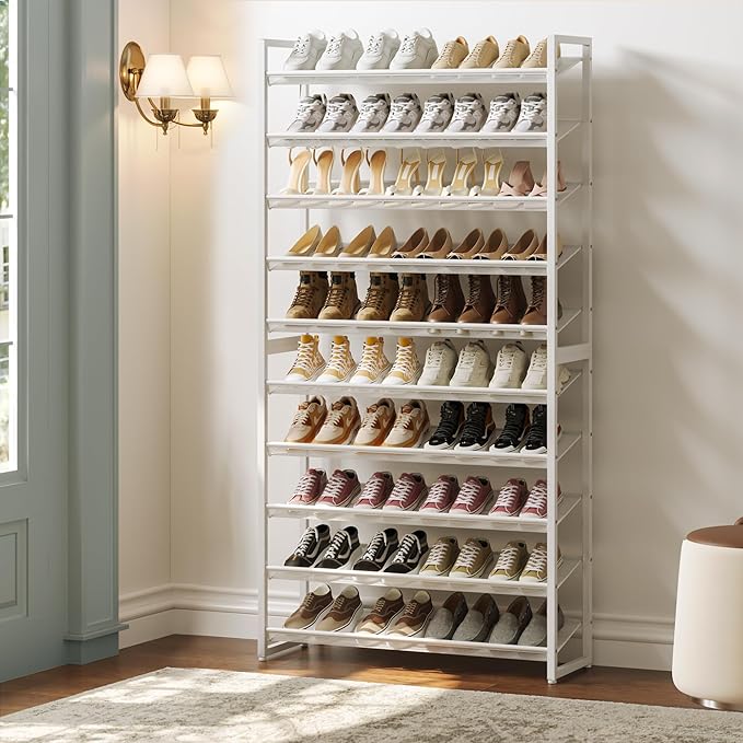 Nunsino Shoe Rack,10 Tier Metal Shoe Organizer,Max Holds 50 Pairs,Heavy Duty Shoes Shelf for Garage, Entryway, Closet,White