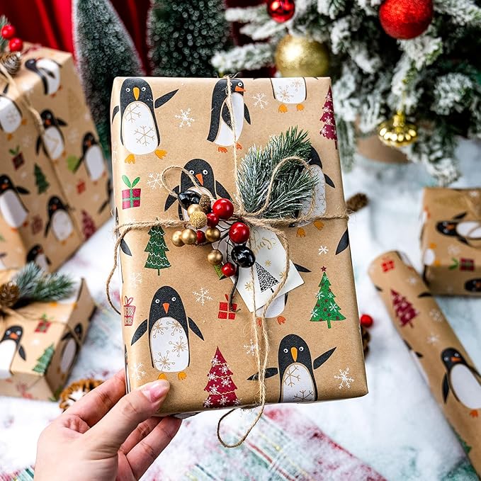 MAYPLUSS Christmas Wrapping Paper Roll - 17IN X 33FT - Kraft Gift Wrapping Paper Featuring Cute Penguin Christmas Tree Snowflake Reversible Cut Lines for Kids, Holiday, New Year