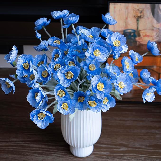 Artificial Flowers 6 Stems Poppy Silk Bouquet,for Wedding, Home, Party Decoration,Table Centerpiece Arrangement(Blue)