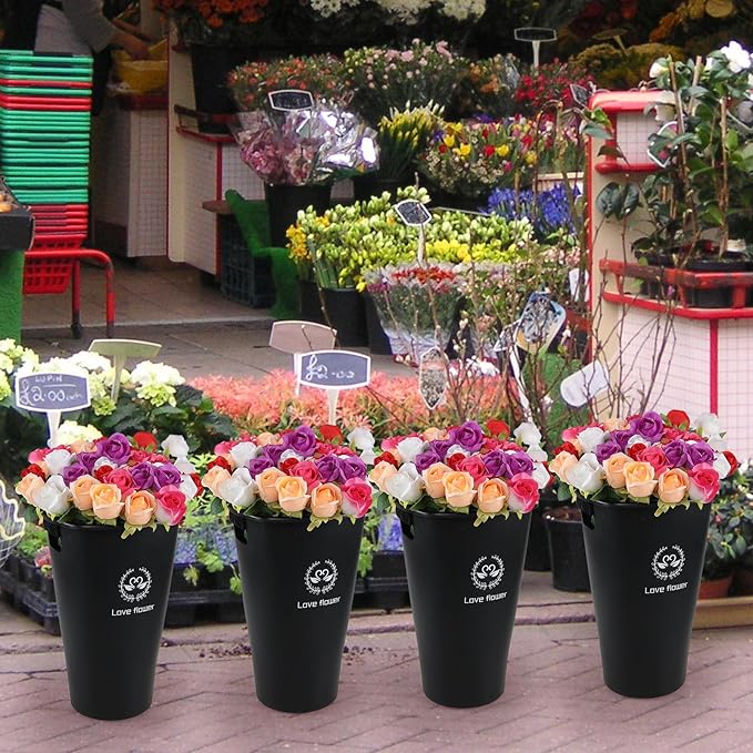 Yuright 16.02 Inch Black Tall Flower Bucket, 4 Pack Floral Display Buckets Plastic, Farmhouse French Flower Bucket with Cutout Handles