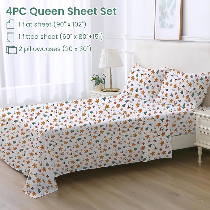 Softan Christmas Holiday Queen Size Sheet Set, Printed Microfiber Fitted Bed Sheet with 15" Deep Pocket & Non-Slip Straps, Snowflake Reindeer Patterned Sheets & Pillowcase Set