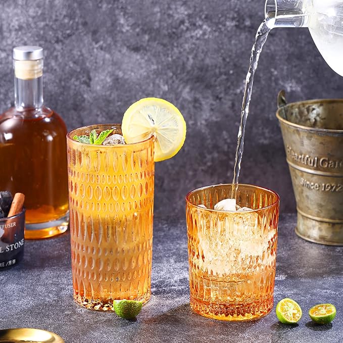 Loivttvv Glassware Drinking Glasses Set of 8, 14 oz Highball Glasses & 10 oz Ribbed Glass Cups, Vintage Glassware for Water, Juice, Cocktail (Thanksgiving Amber)