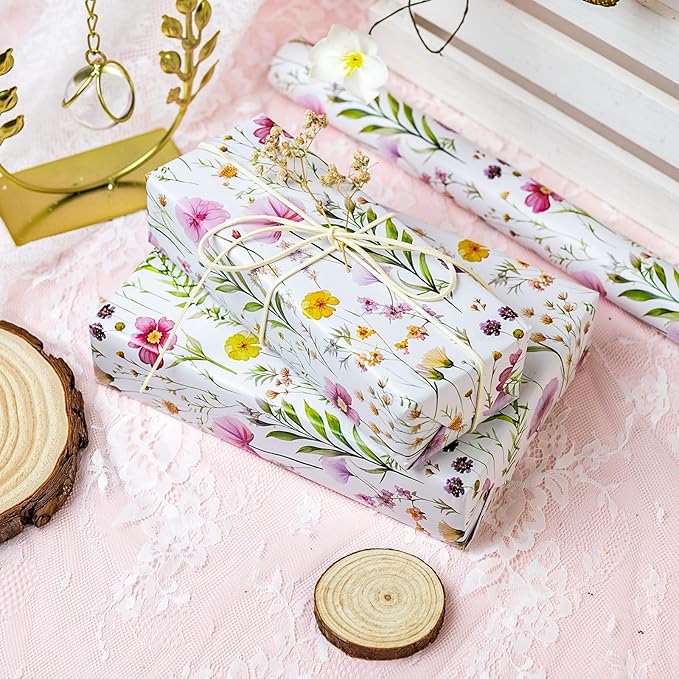 Burymento Flowers Wrapping Paper, Reversible Wave Point Gift Wrap for Birthday, Valentines, Mothers day, Graduation, Wedding, Fathers day, Baby Shower, Christmas (17in x 16.4ft)