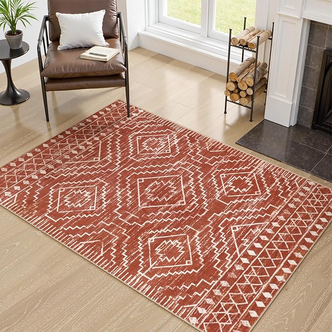 Wonnitar Moroccan 4x6 Bedroom Area Rug, Washable Soft Rug for Living Room, Non-Slip Bohemian Large Rug Non-Shedding Low Pile Floor Carpet for Kitchen Guest Room Entrance (Brown,4'x6')