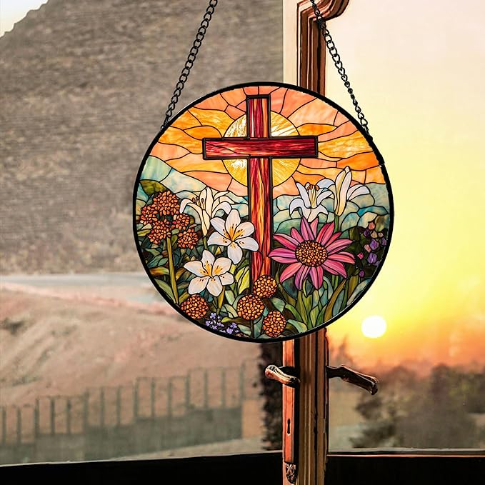 Christian Gifts for Women - Cross Stained Glass Window Hanging Easter Flower Sunset Landscape Sun Catcher Garden Religion Decor Mother's Day Catholic Gift for Men Grandma Mom Her Nana 7.8"