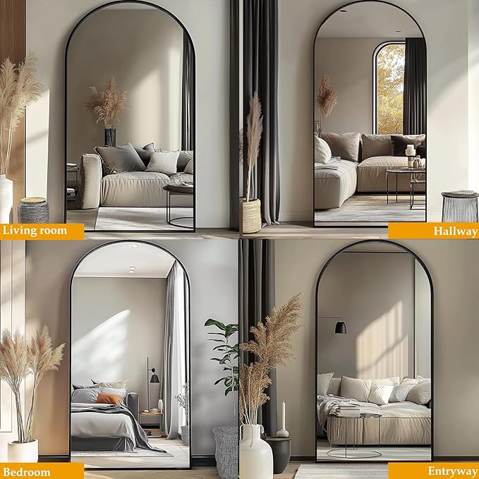Dewfig Arched Full Length Mirror, 76"x34" Large Floor Mirror, Full Body Mirrors for Leaning or Hanging, Standing Mirrors for Bedroom, Living Room,Dressing Room, Aluminum Alloy Frame, Black