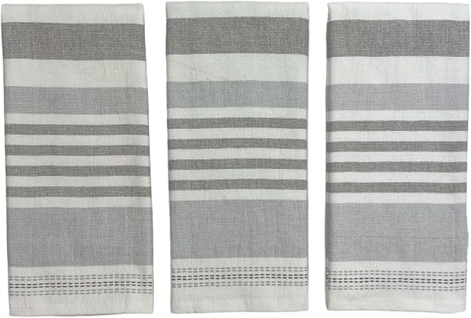 Serafina Home Grey White Kitchen Hand Dish Towels: Oversized 28" x 16",100% Cotton Cloth Soft Cleaning Drying Absorbent Striped Design, Set of 3 Multipurpose for Everyday Use (Grey Monica)