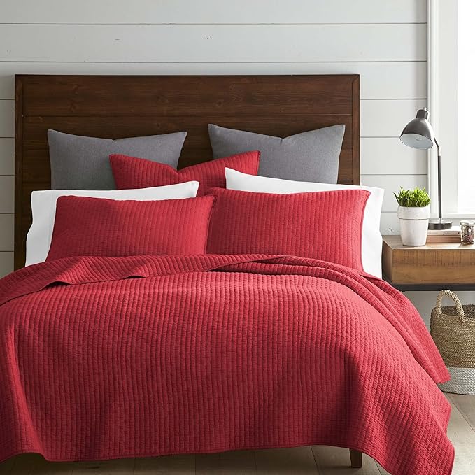 Levtex Home Cross Stitch Reversible King/Cal King Quilt Set (106x92in) with 2 Pillow Shams (36x20in) - Stitch Texture - Chile Red - Cotton King Size Quilt Bedding Set - Lightweight, Soft, Pre-Washed