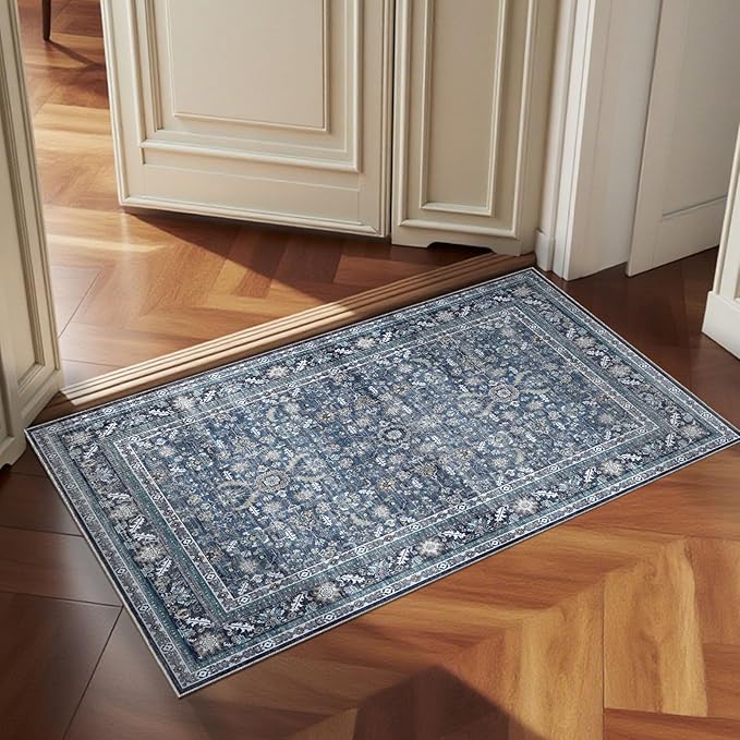 OPPODREAM Vintage Blue 2x3 Washable Rug, 2 x 3 Retro Door Mat Indoor Entrance Non Slip, Low-Pile Faux Wool Throw Carpet, Distressed Navy Floor Mat for Kitchen, Hallway, Entry-Way, Back Door