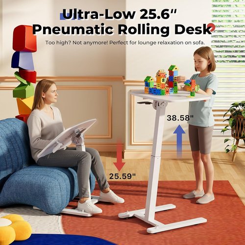 JOY Worker Low Height Mobile Standing Desk - Adjustable TV Tray Table with Foldable MDF Top, White