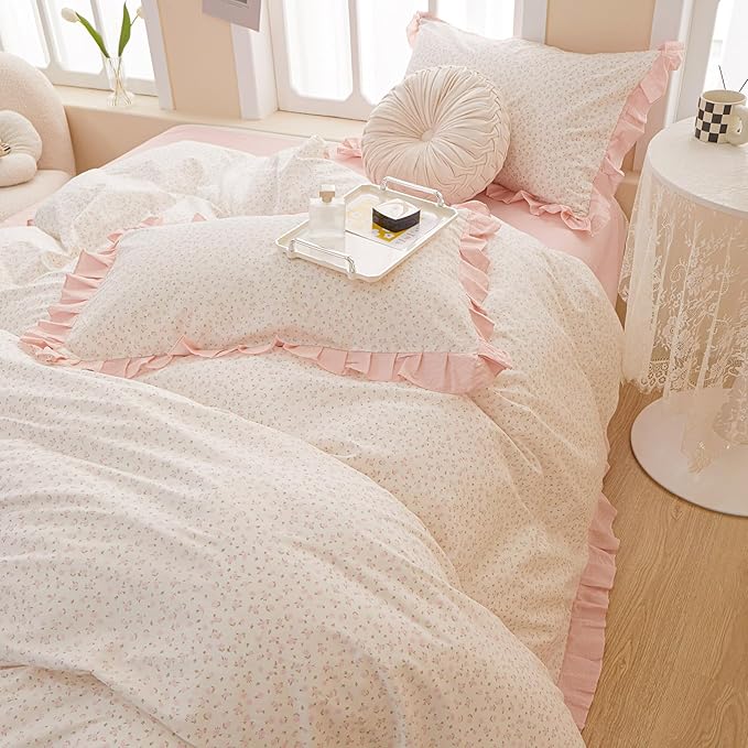 Pink Floral Comforter Set Queen Romantic Girls Ruffle Lace Bedding Set Queen Fluffy Soft Botanical Flowers Comforter with 2 Pillowcases Lightweight Bedding Cottagecore Comforter Set for All Season