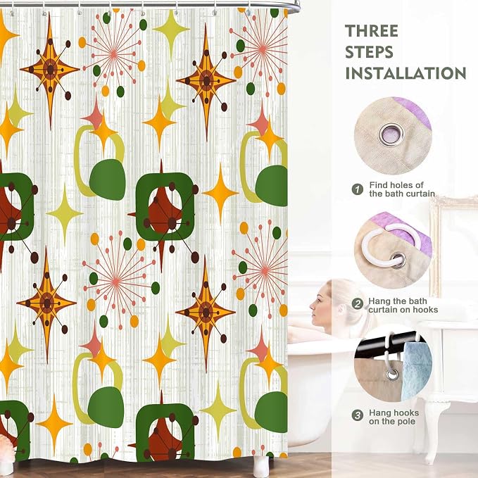 Mid Century Shower Curtain, 72x72inch, Modern Abstract Retro Green Striped Geometric Shower Curtain Sets 1950s Boho Bathroom Shower Curtain with 12 Hooks