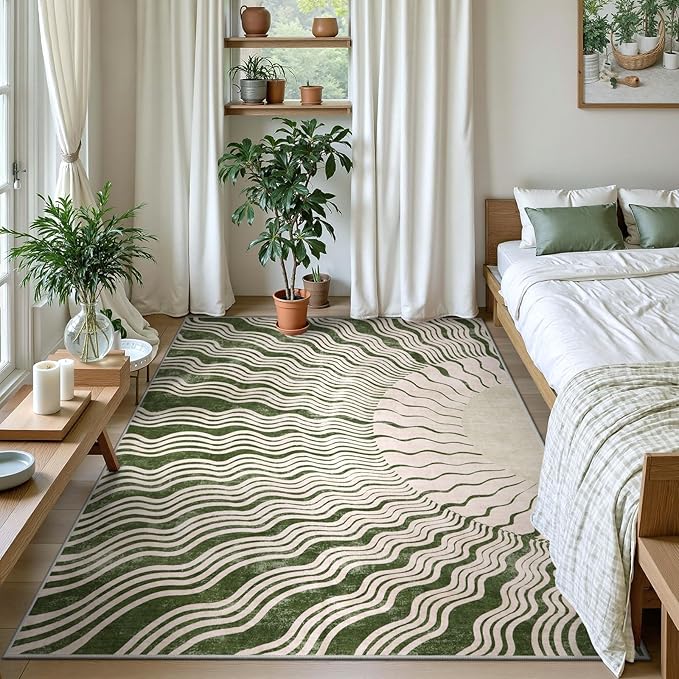 Hedlive Boho Washable Rugs 5x7, Sun Print Soft Green Rug for Bedroom Ultra-Thin Nursery Rug Non Slip, Stain Resistant Living Room Carpet for Dining Room Classroom(5'x 7',Green/Multi)