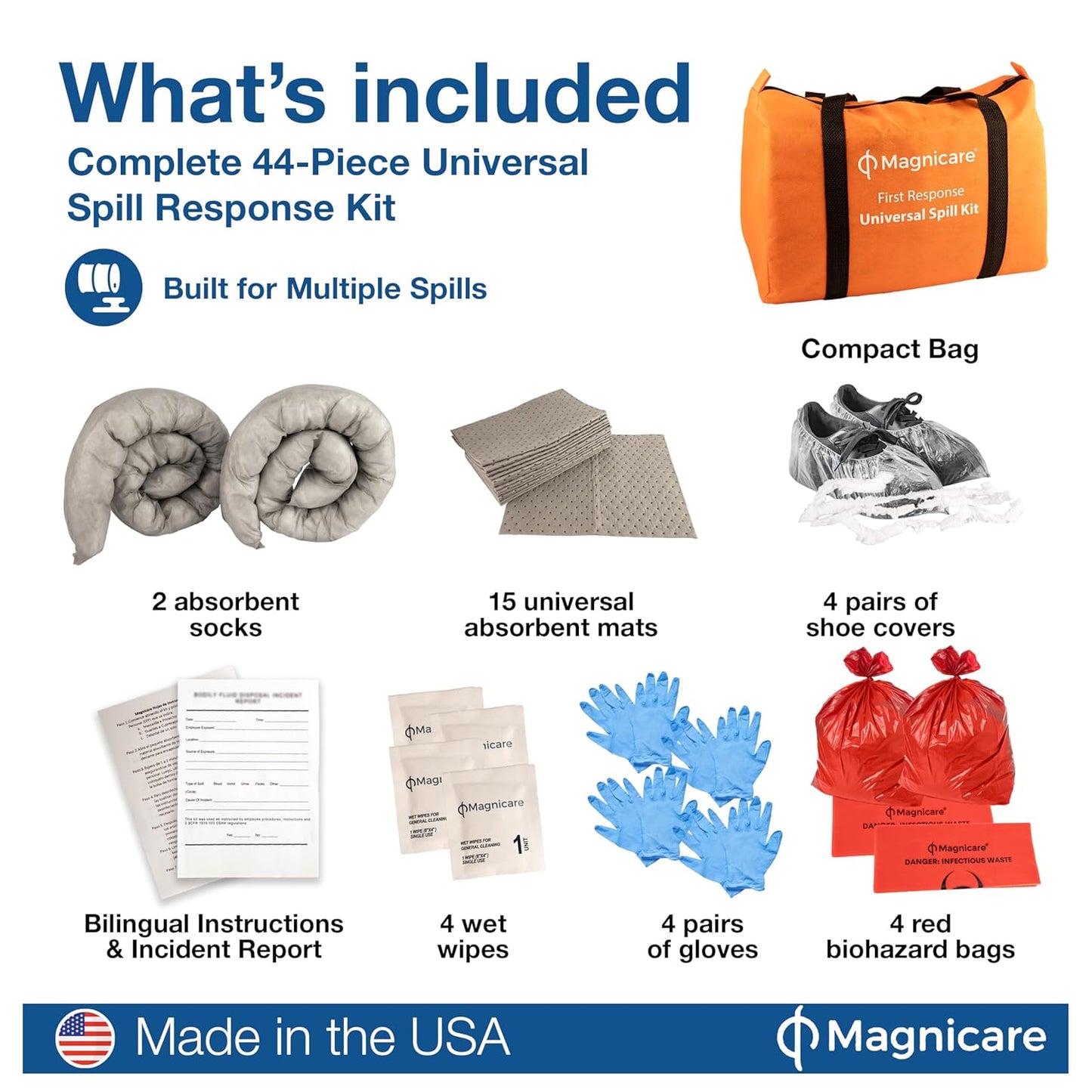 Universal Spill Kit - OSHA Approved Biohazard Cleanup for Oil, Water & Chemicals | 15 Absorbent Pads, 2 Socks, PPE in Bright Orange Duffel Bag