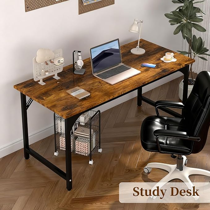 Computer Desk, 55 Inch Home Office Desks, Office Desk for Gaming Writing Study Work, Study Table with Large Legroom, Computer Desk with Metal Frame, Modern Simple Home Office Desk for Bedroom