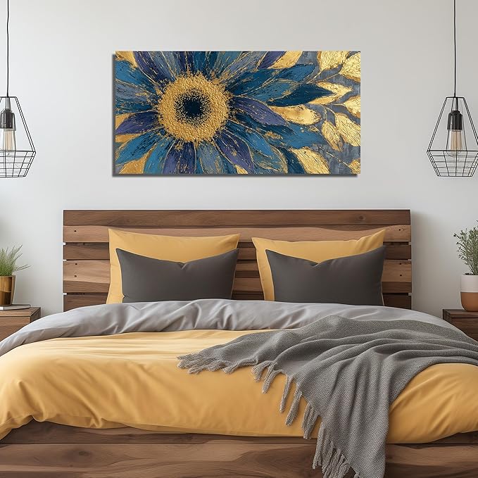 JuhaiArt Gold Wall Decor Blue Floral Wall Picture Canvas Sunflower Abstract Flower Wall Art for Living Room Bedroom Home Office 24" x 48"