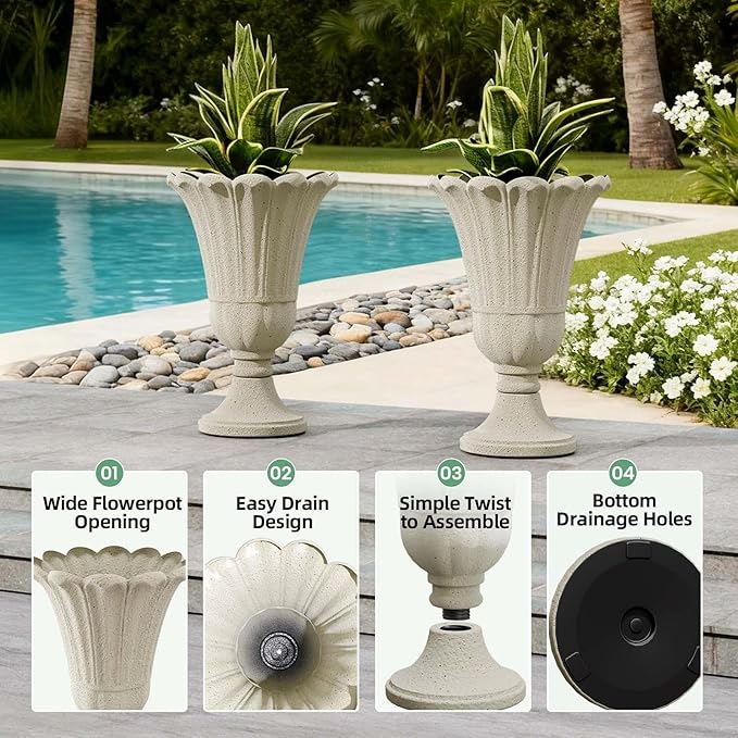 Tall Plastic Urn Planters for Outdoor Plants Set of 2-23.6" H Classic Petal Design Indoor Large Flower Pots with Drainage Holes, Outdoor Planters for Porch Decor/Garden Vase, Beige/Off White