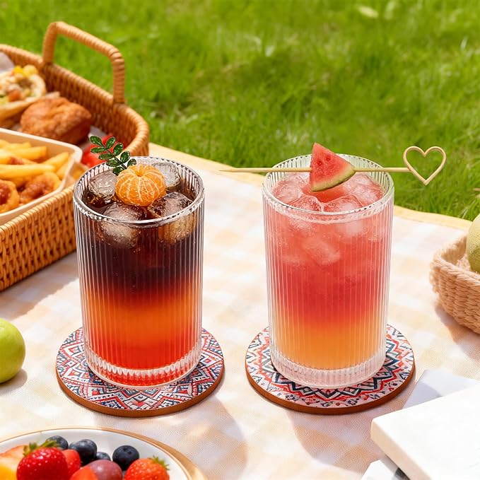 XKXKKE 18 oz Ribbed Drinking Glasses Set of 6, High Clear Vintage Iced Coffee Cups Elegant Glassware, Highball Glass Cups Ridged Glass Tumbler for Cocktail, Whiskey, Beer, Water, Juice, Origami Style