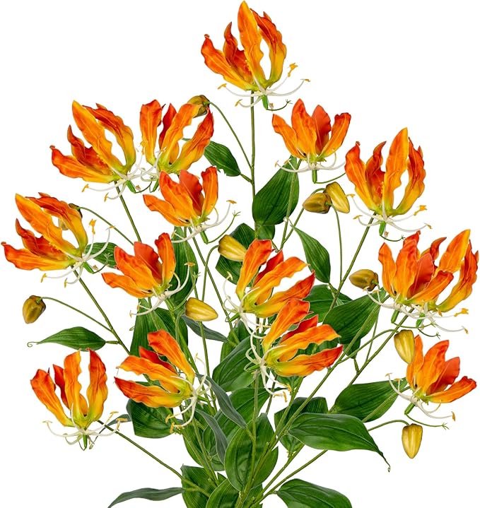 Briful 33'' Real Touch Artificial Flowers Sprays Set of 5 Fake Gloriosa Superba Flowers,Orange Faux Flame Lily Flowers Bouquets Floral Arrangement for Wedding Home Farmhouse Centerpieces Vase Decor